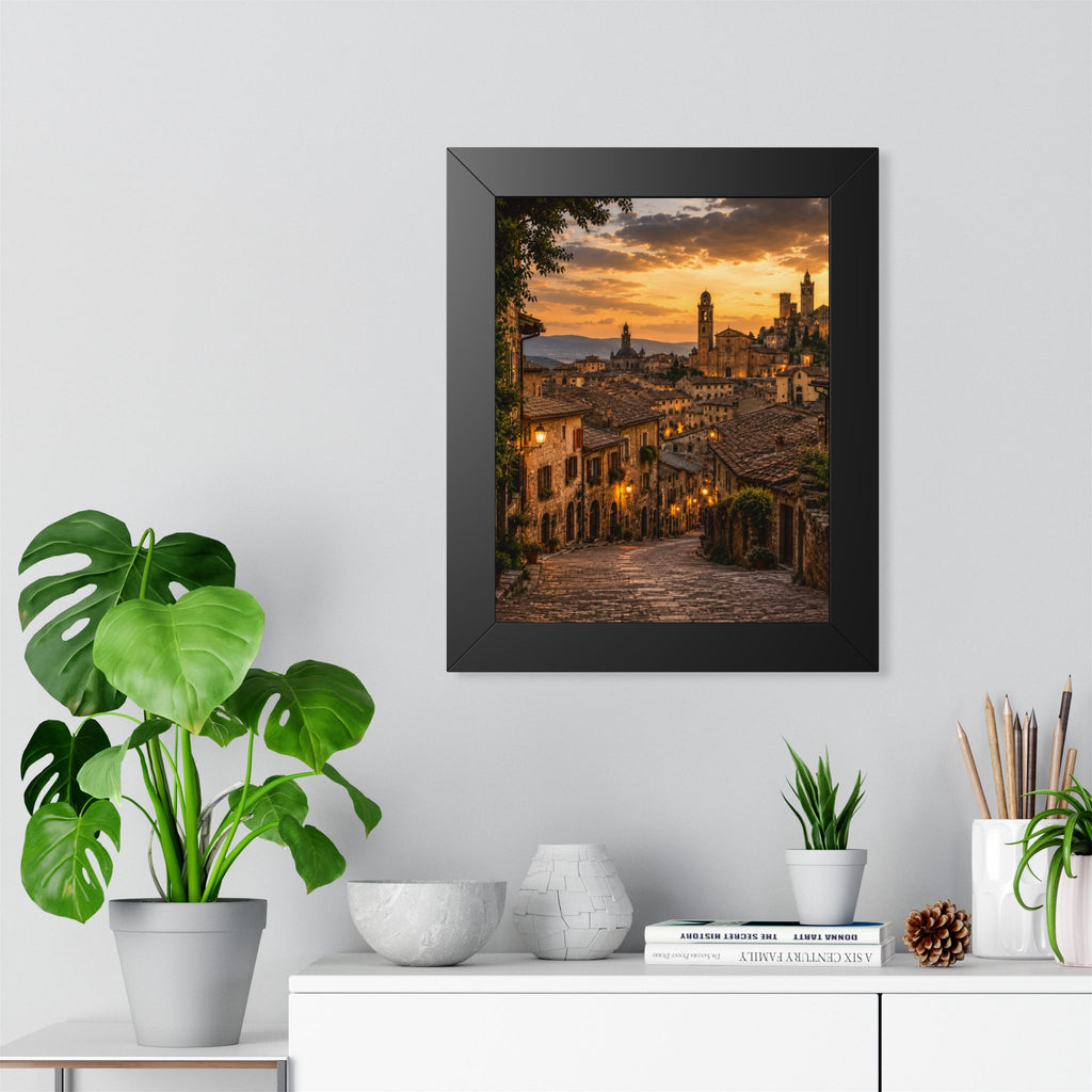 Old-World Town at Sunset — Framed Wall Art