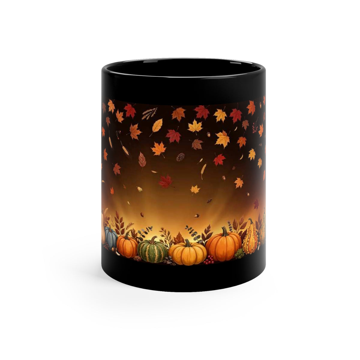 Black 11 oz coffee mug featuring Autumn Harvest pumpkins and fall leaves