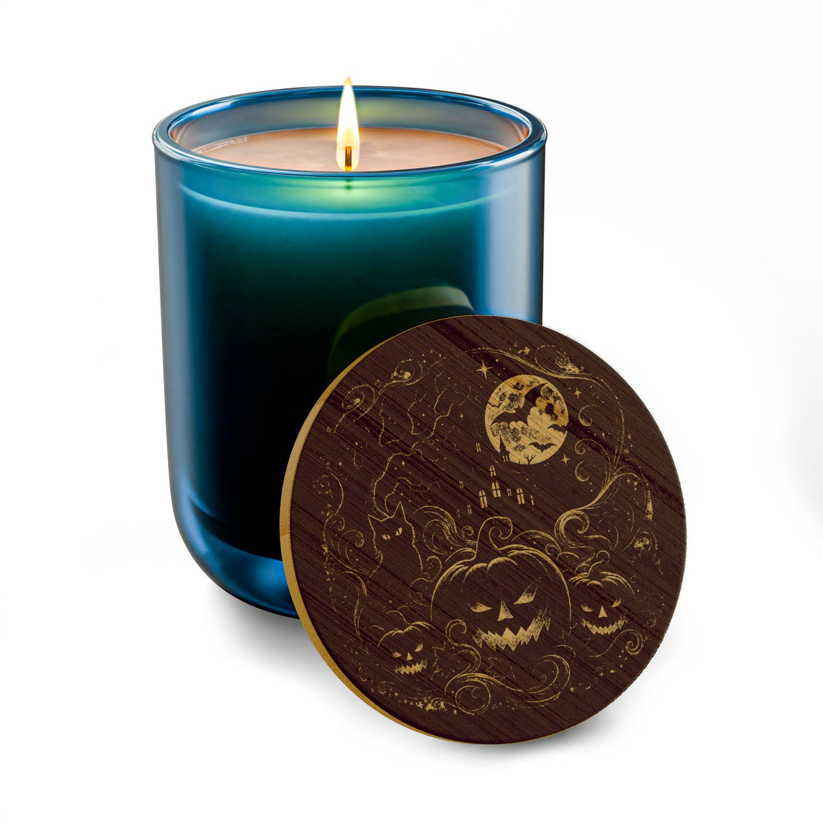 Midnight Moon & Bats 14oz soy candle with engraved Halloween bamboo lid