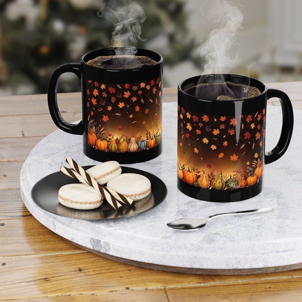 Black 11 oz coffee mug featuring Autumn Harvest pumpkins and fall leaves