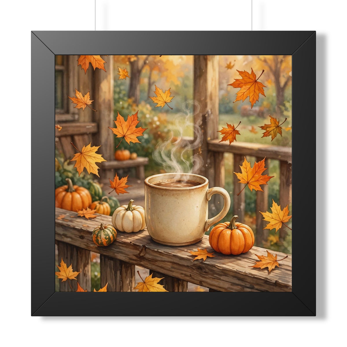Autumn Porch Coffee — Fall Leaves & Pumpkins, Framed Wall Art