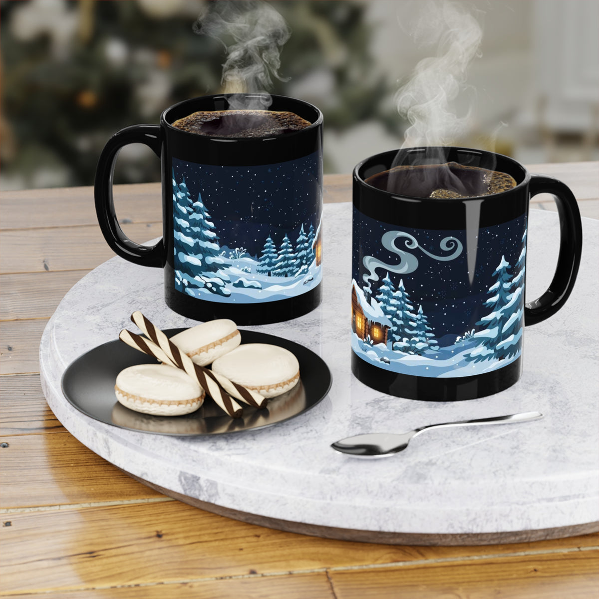 Black 11 oz coffee mug featuring snowy Winter Cabin scene