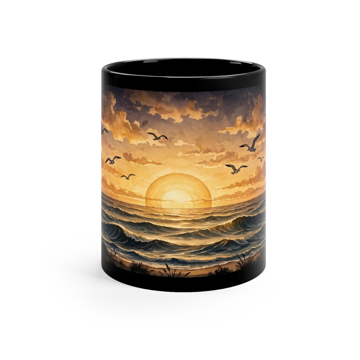 Summer Sunset Coffee Mug — 11oz Black Ceramic, Ocean Waves & Golden Sun