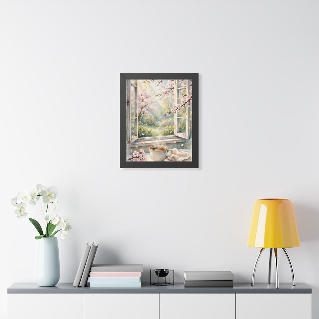Spring Blossom Morning — Cherry Blossoms & Coffee, Framed Wall Art