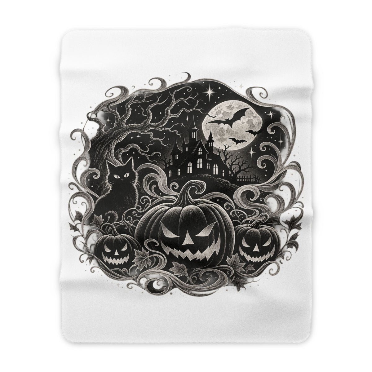 Halloween Haunted House & Black Cat Sherpa Blanket — 60 × 80 in