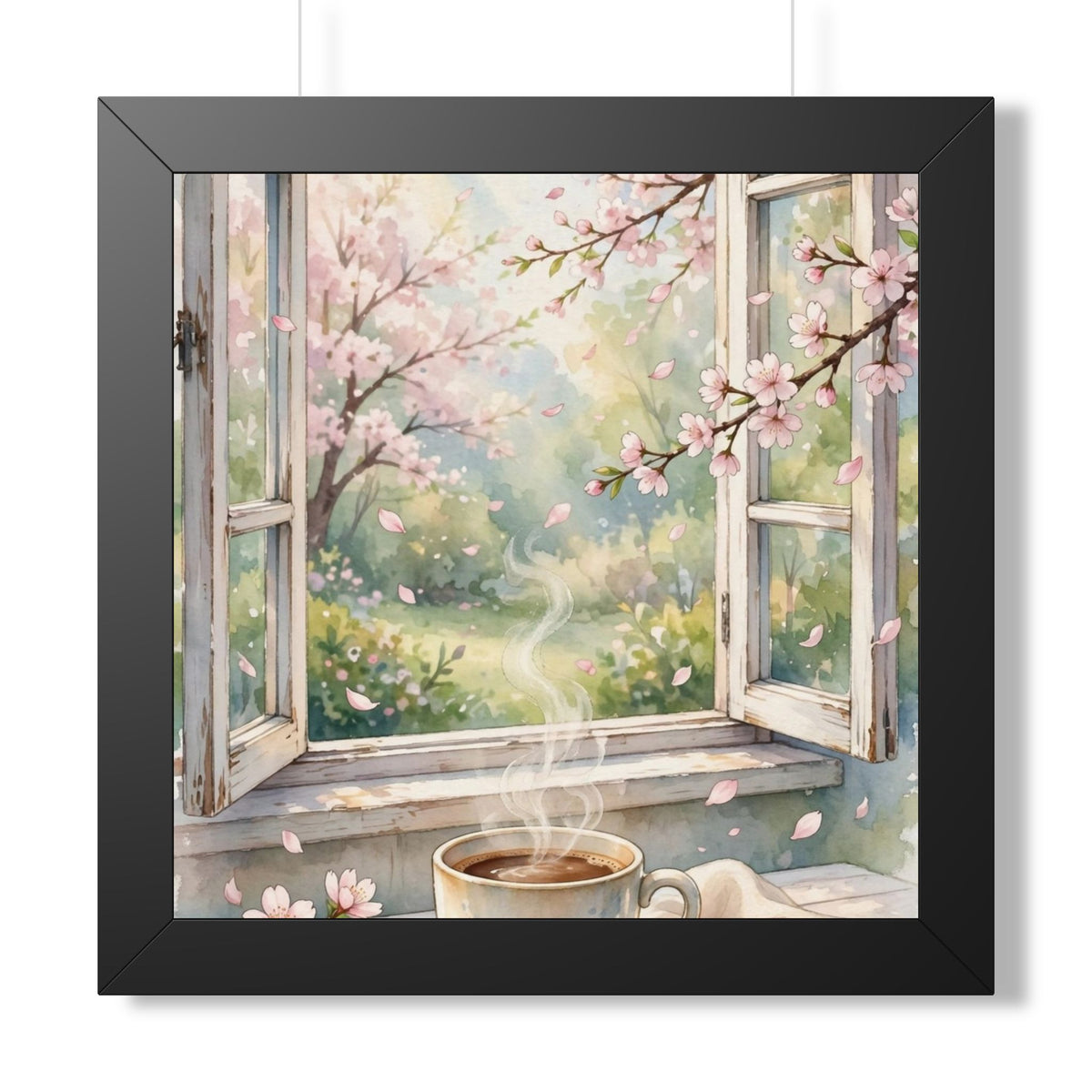 Spring Blossom Morning — Cherry Blossoms & Coffee, Framed Wall Art
