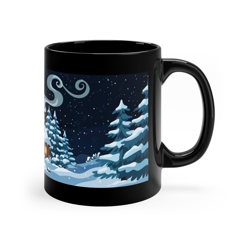 Black 11 oz coffee mug featuring snowy Winter Cabin scene