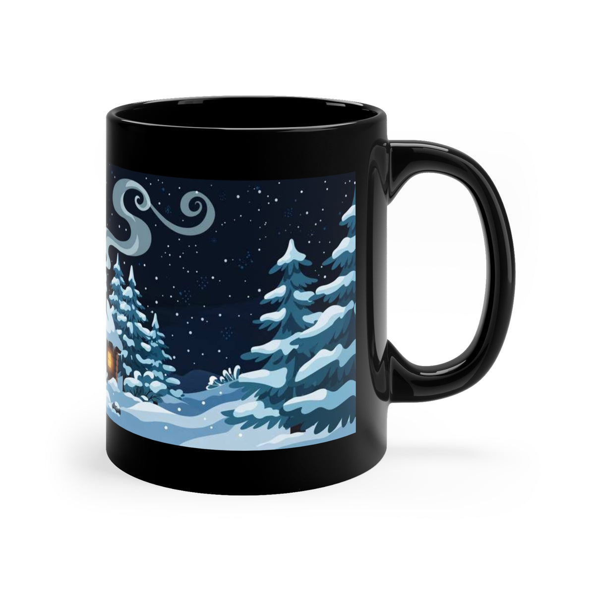 Black 11 oz coffee mug featuring snowy Winter Cabin scene
