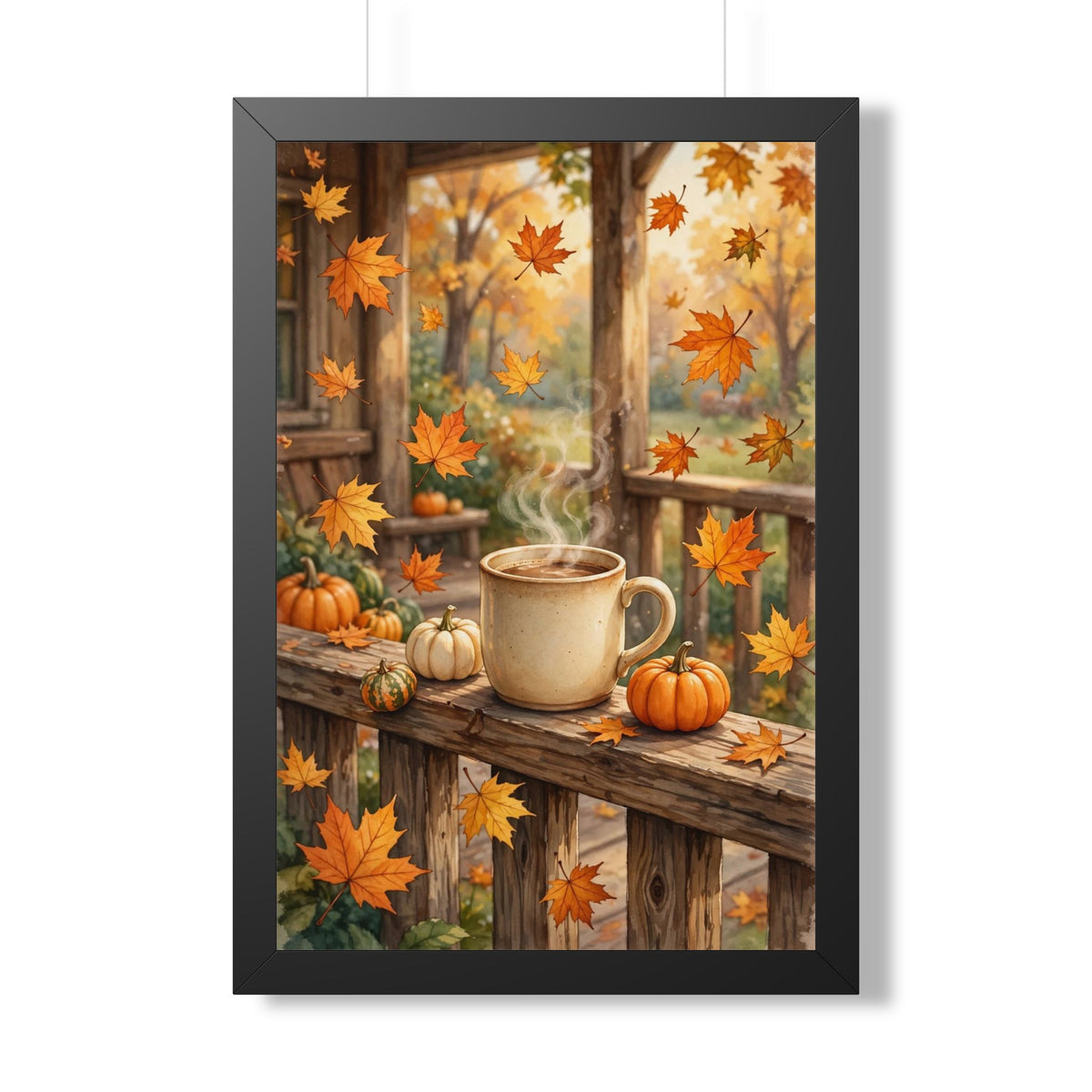 Autumn Porch Coffee — Fall Leaves & Pumpkins, Framed Wall Art
