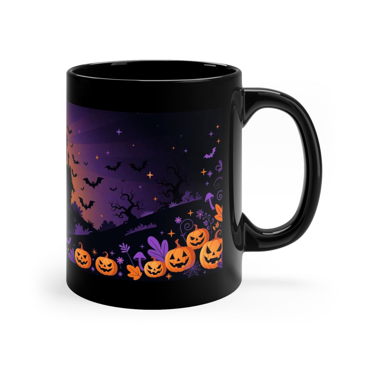 Black 11 oz coffee mug featuring Halloween Night haunted house and harvest moon