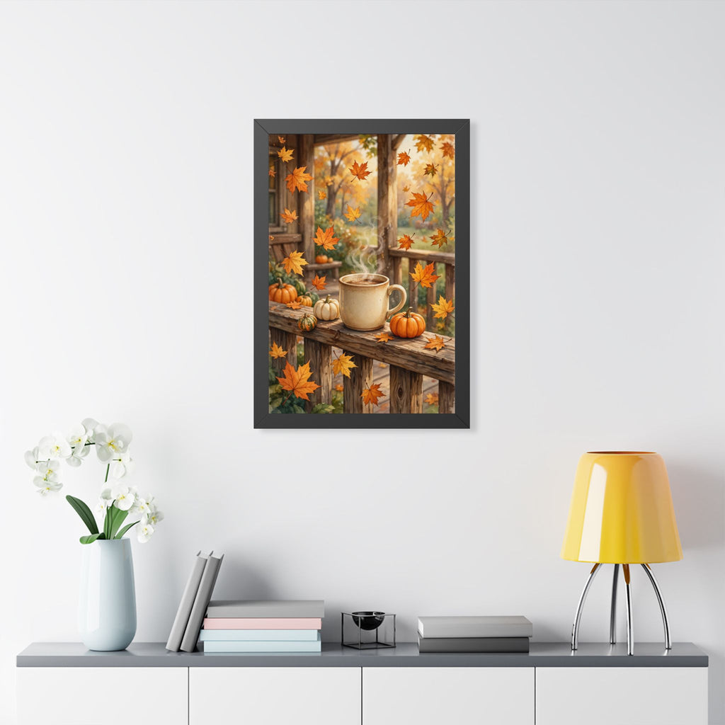 Autumn Porch Coffee — Fall Leaves & Pumpkins, Framed Wall Art