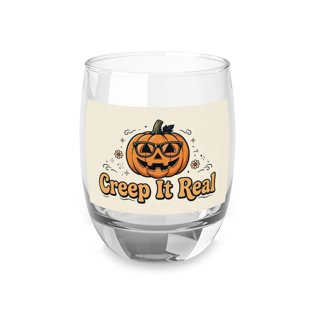 Creep It Real jack-o'-lantern artwork on 6 oz whiskey glass