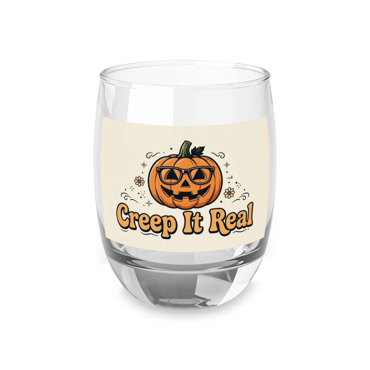 Creep It Real jack-o'-lantern artwork on 6 oz whiskey glass