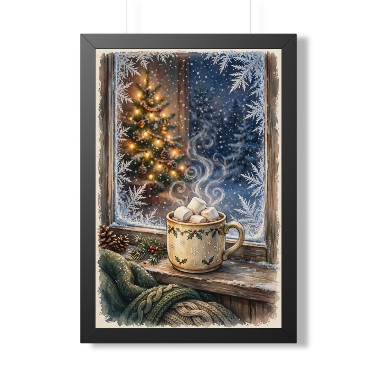 Christmas Cocoa — Snowy Window & Warm Mug, Framed Wall Art