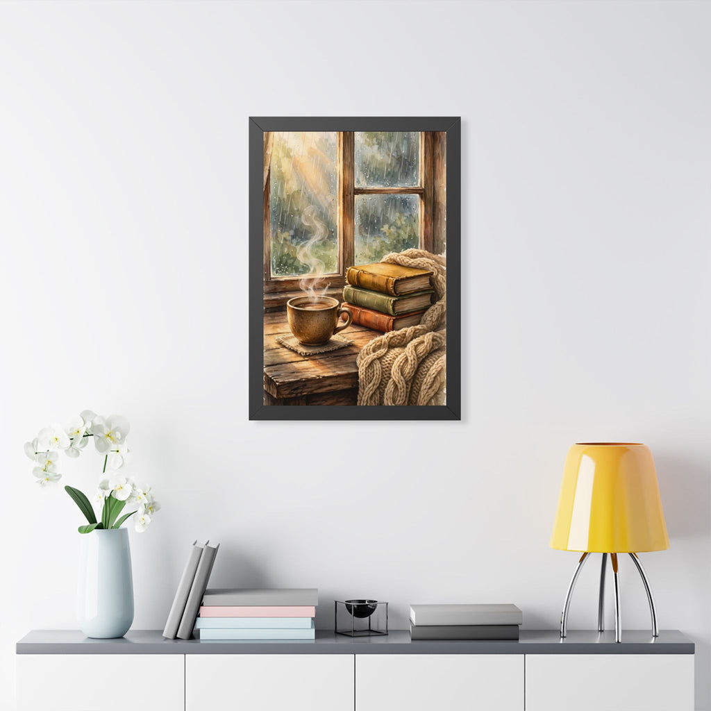 Slow Morning — Cozy Coffee by the Rainy Window, Framed Wall Art