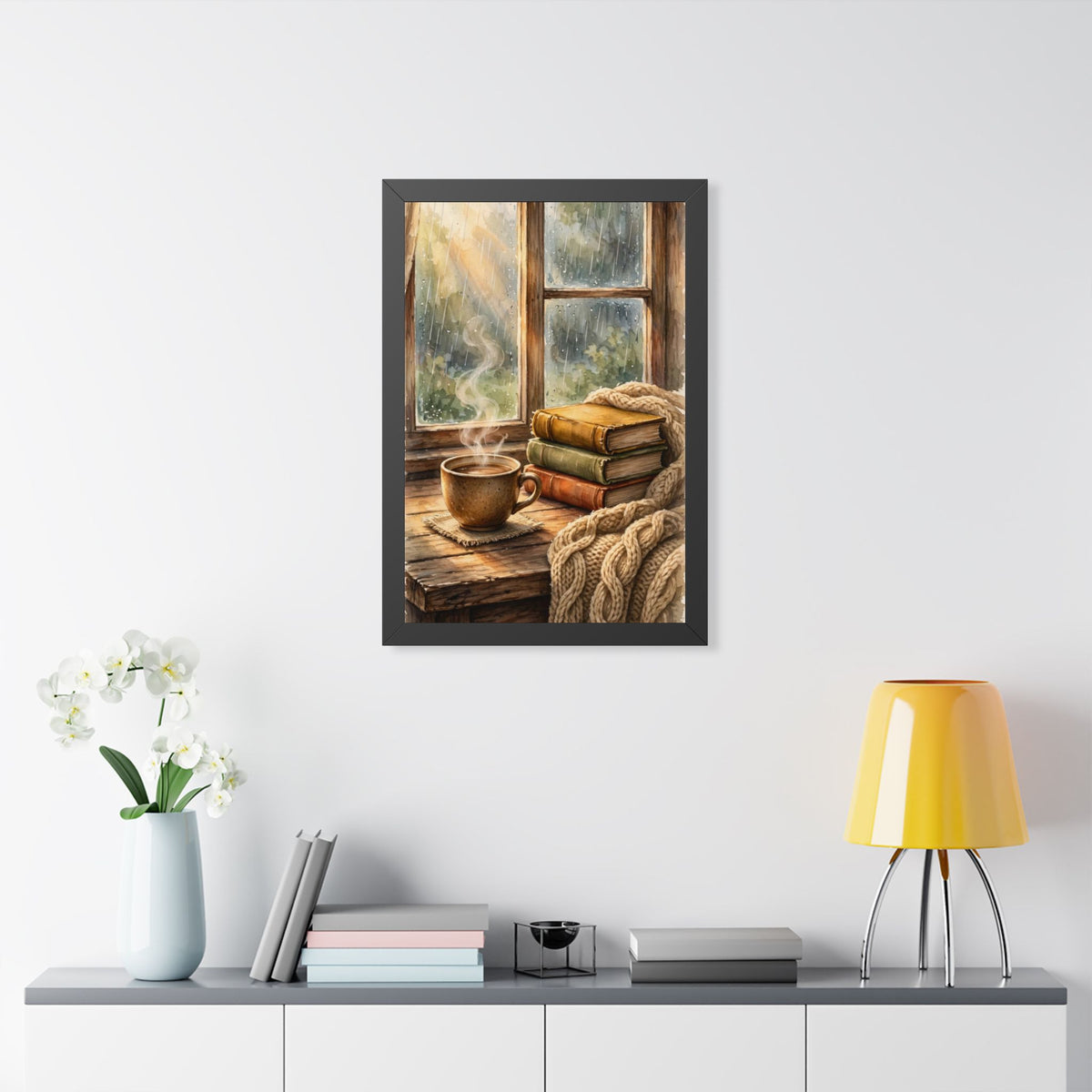 Slow Morning — Cozy Coffee by the Rainy Window, Framed Wall Art