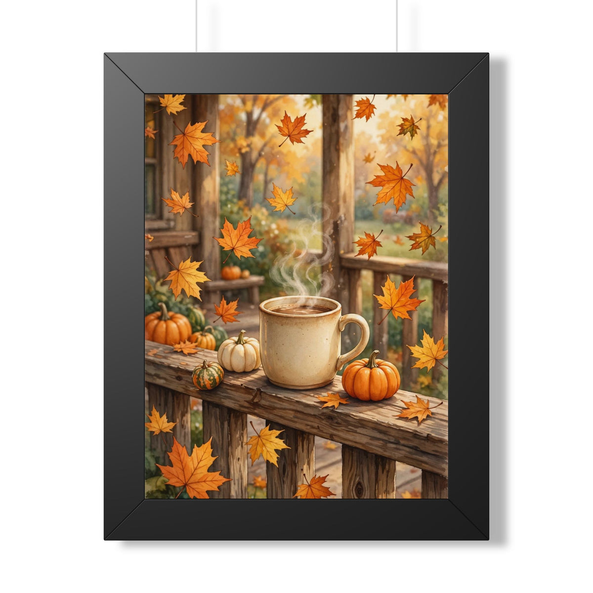 Autumn Porch Coffee — Fall Leaves & Pumpkins, Framed Wall Art