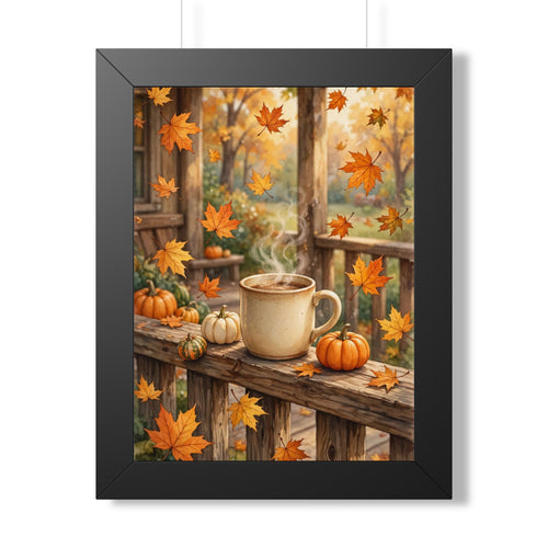 Autumn Porch Coffee — Fall Leaves & Pumpkins, Framed Wall Art