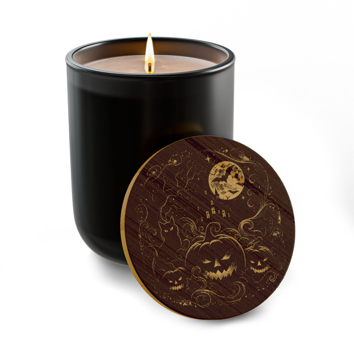 Midnight Moon & Bats 14oz soy candle with engraved Halloween bamboo lid