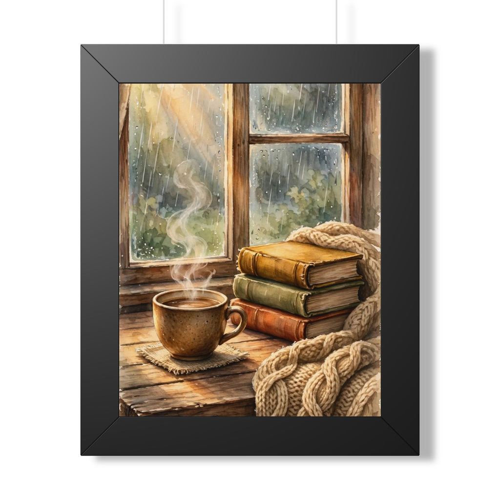 Slow Morning — Cozy Coffee by the Rainy Window, Framed Wall Art