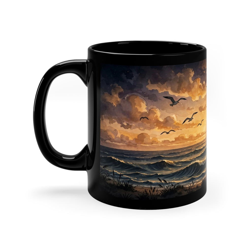 Summer Sunset Coffee Mug — 11oz Black Ceramic, Ocean Waves & Golden Sun