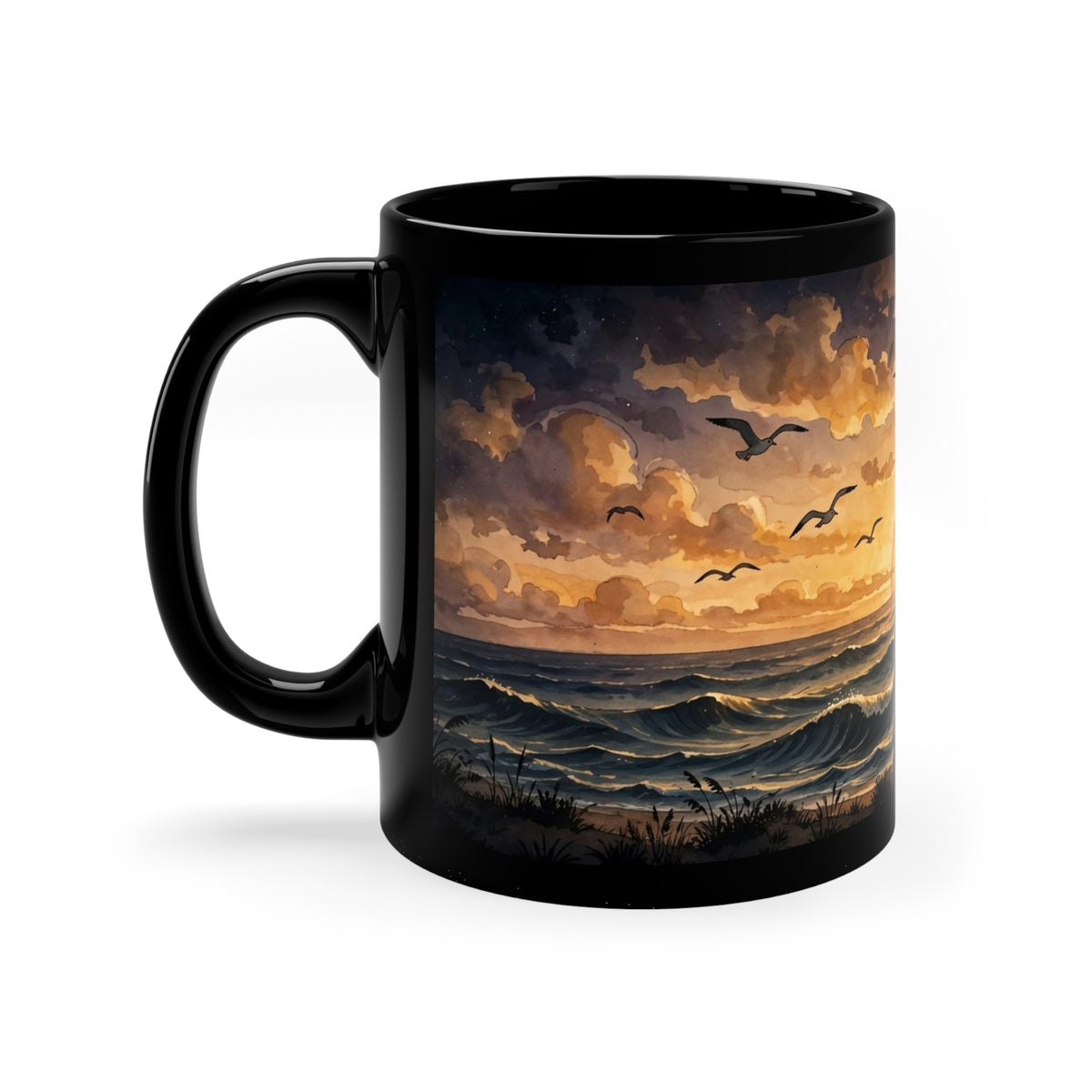 Summer Sunset Coffee Mug — 11oz Black Ceramic, Ocean Waves & Golden Sun