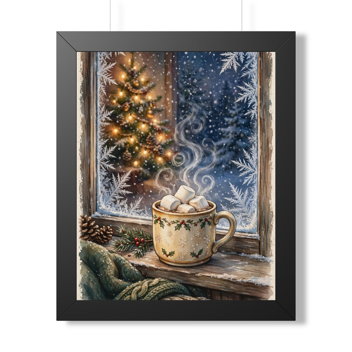 Christmas Cocoa — Snowy Window & Warm Mug, Framed Wall Art