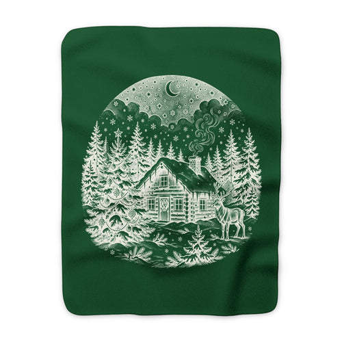 Christmas Sherpa Blanket — Snowy Cabin, Reindeer & Moonlit Pines Fleece Throw