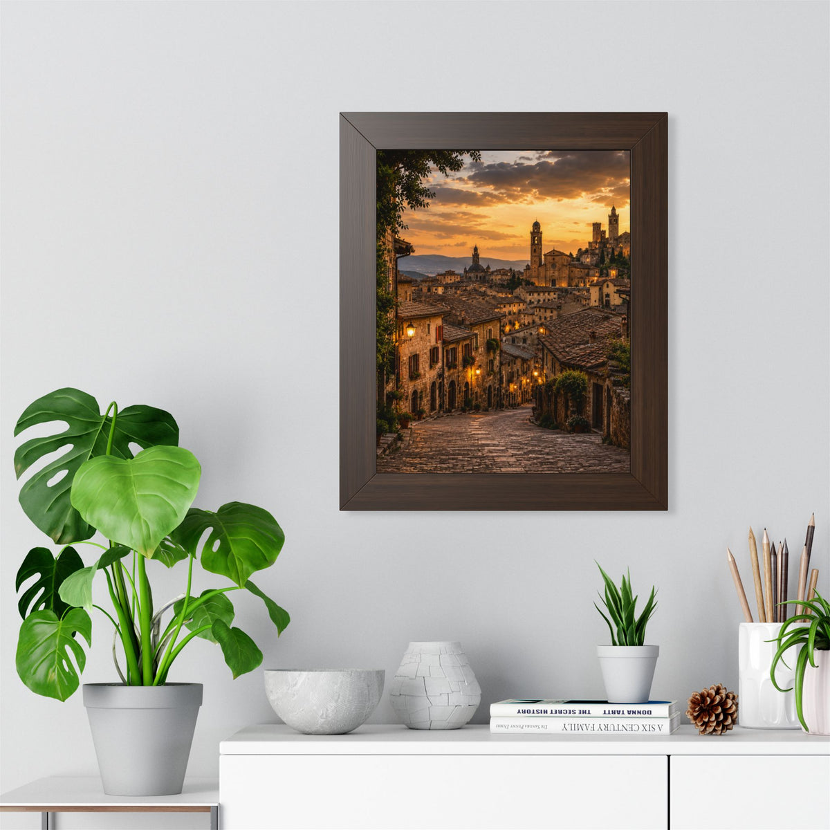 Old-World Town at Sunset — Framed Wall Art