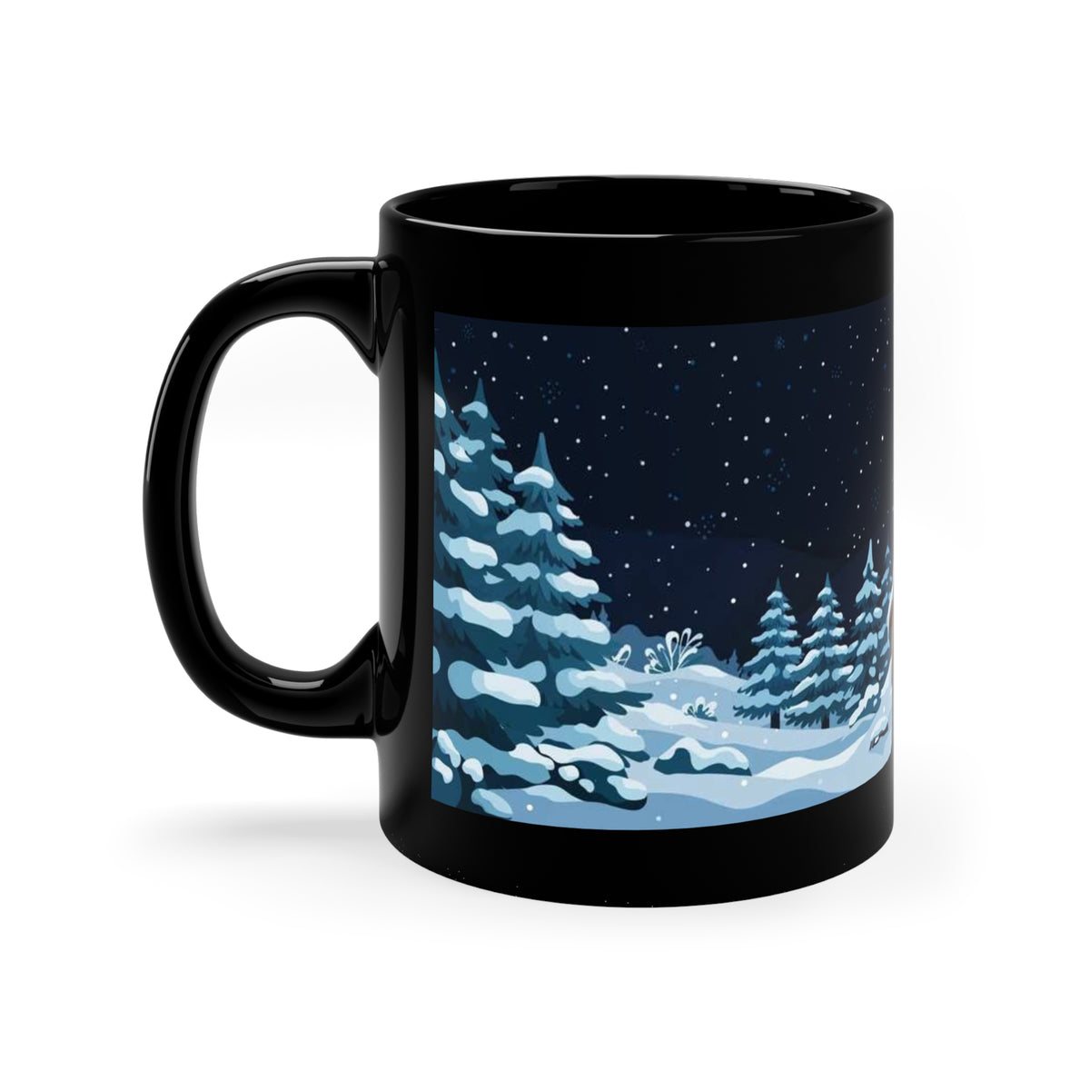 Black 11 oz coffee mug featuring snowy Winter Cabin scene