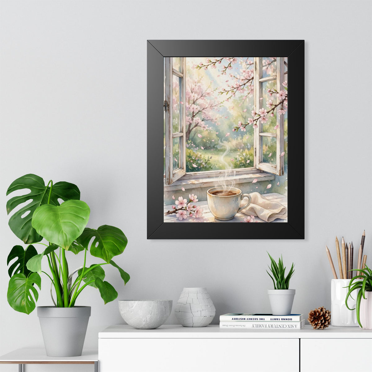 Spring Blossom Morning — Cherry Blossoms & Coffee, Framed Wall Art