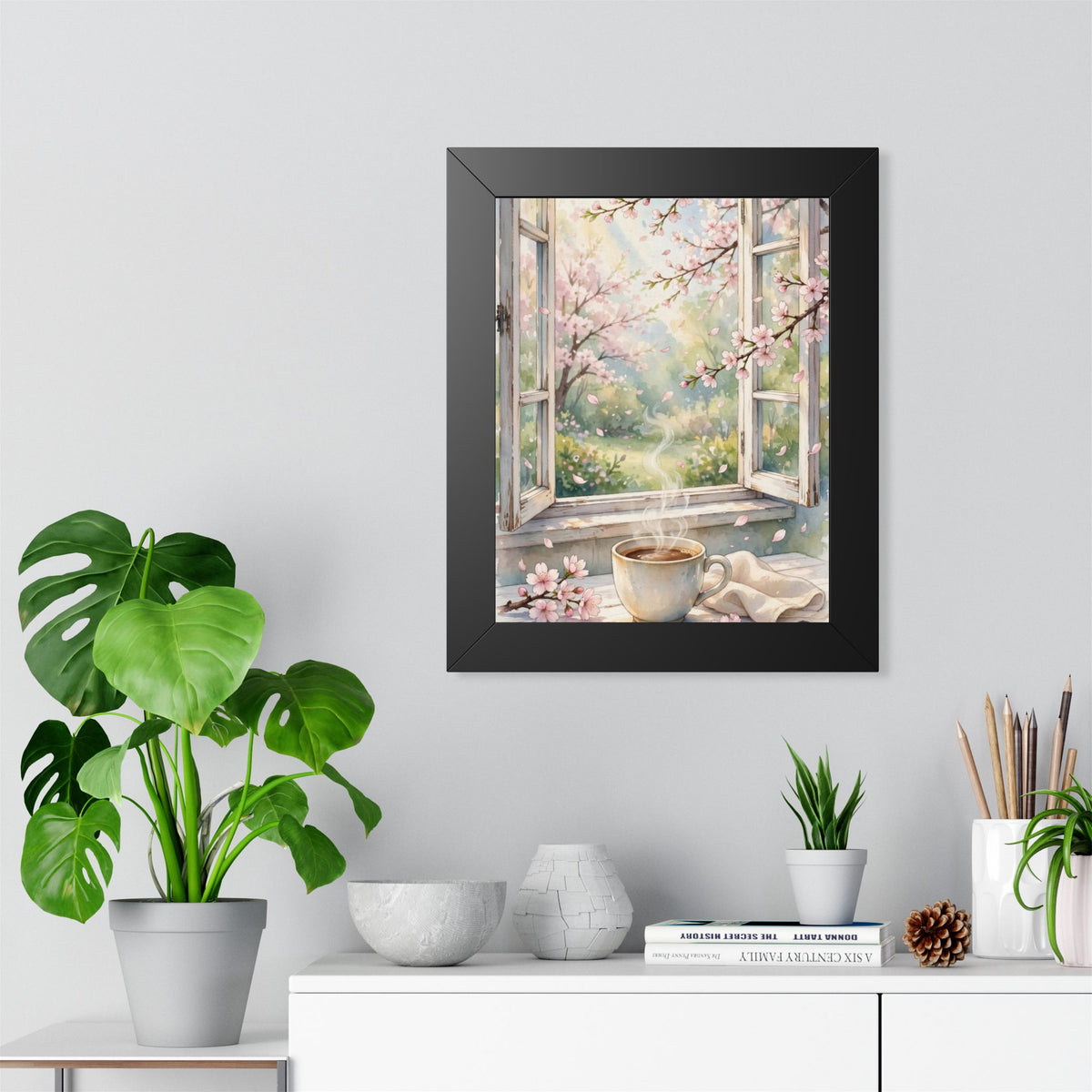 Spring Blossom Morning — Cherry Blossoms & Coffee, Framed Wall Art