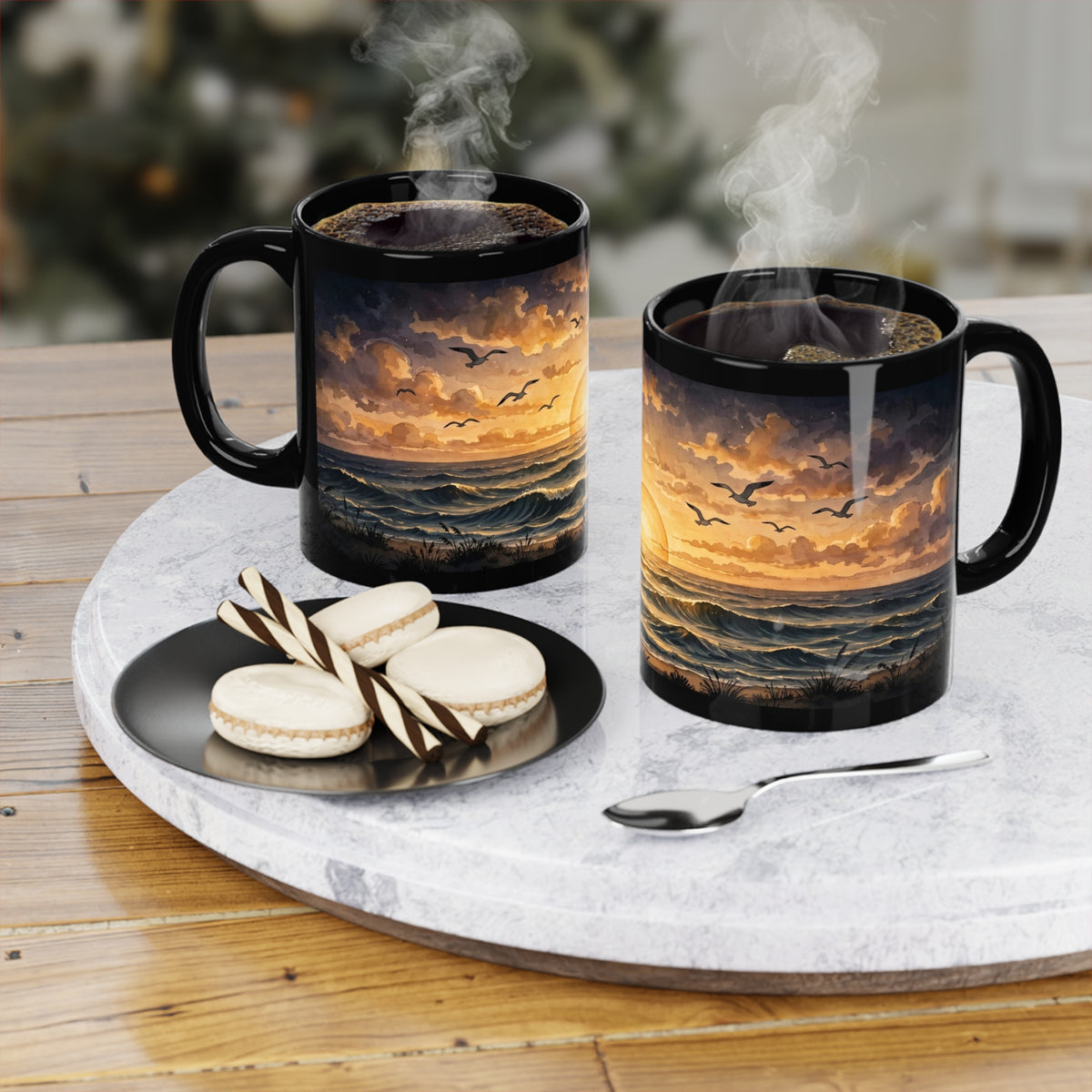 Summer Sunset Coffee Mug — 11oz Black Ceramic, Ocean Waves & Golden Sun