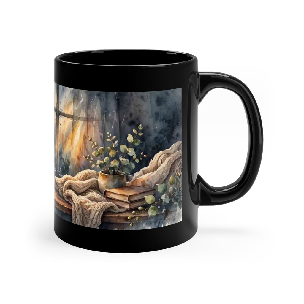 Black 11 oz coffee mug featuring Slow Morning Amanda's Brew House design