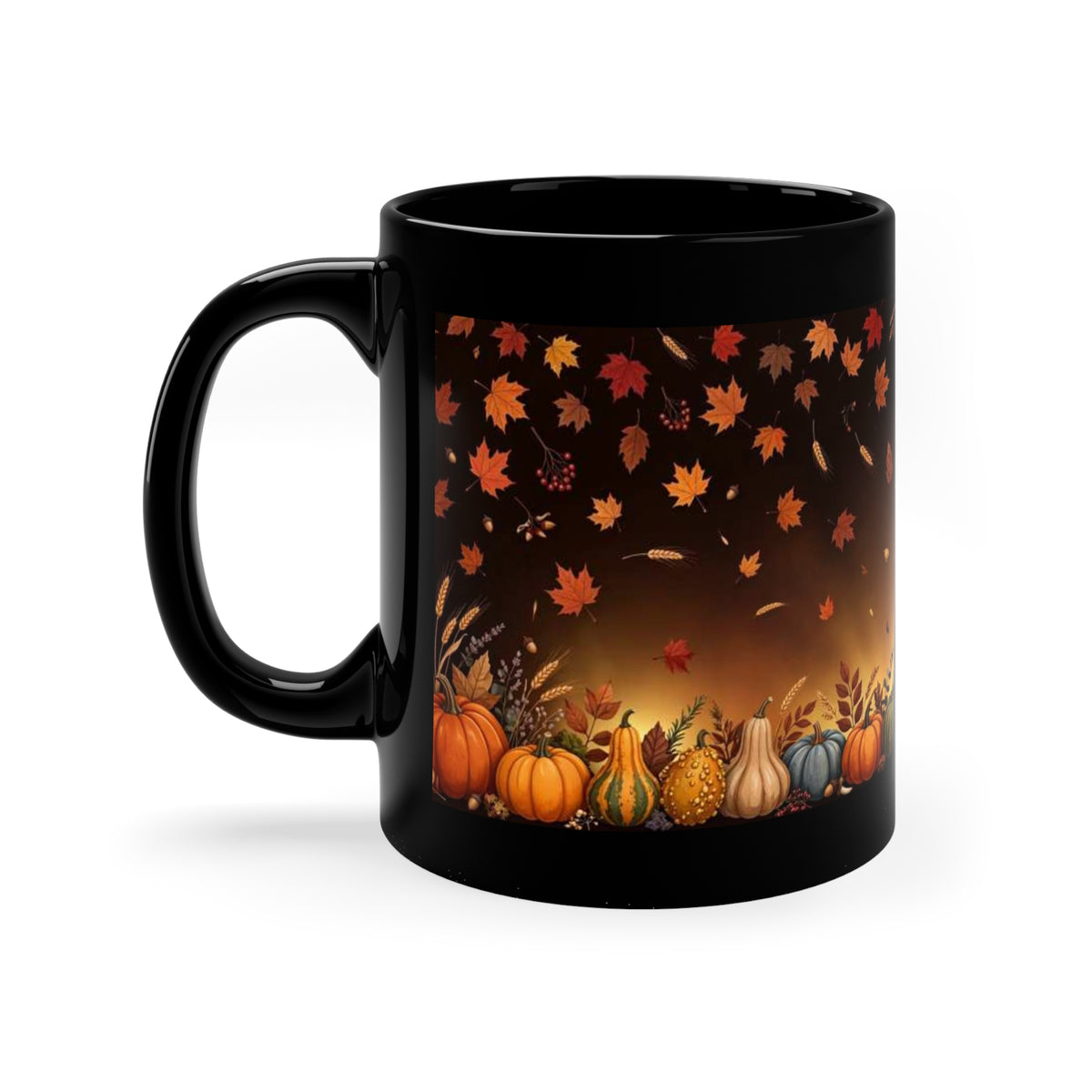 Black 11 oz coffee mug featuring Autumn Harvest pumpkins and fall leaves