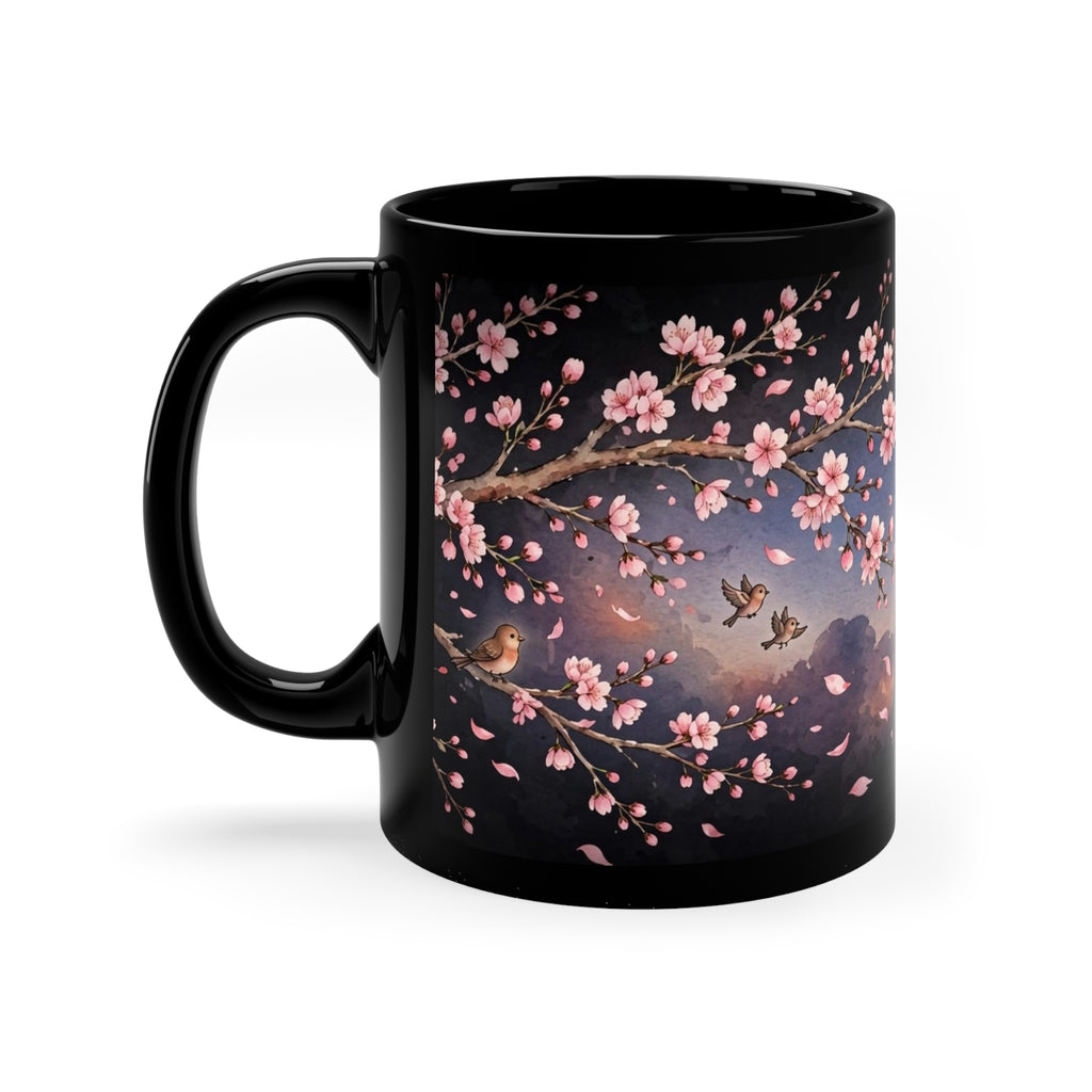 Spring Cherry Blossom Coffee Mug — 11oz Black Ceramic, Pink Blossoms at Dusk