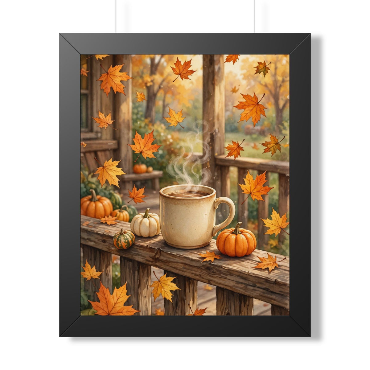 Autumn Porch Coffee — Fall Leaves & Pumpkins, Framed Wall Art