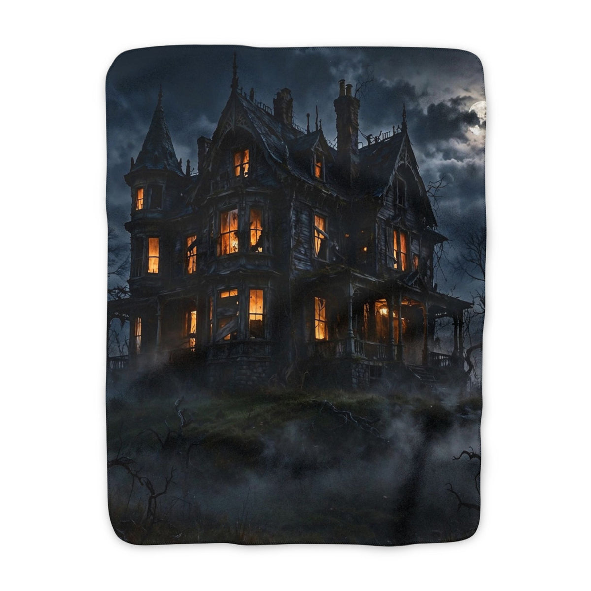 Haunted House at Night Sherpa Blanket — Halloween Fleece Throw