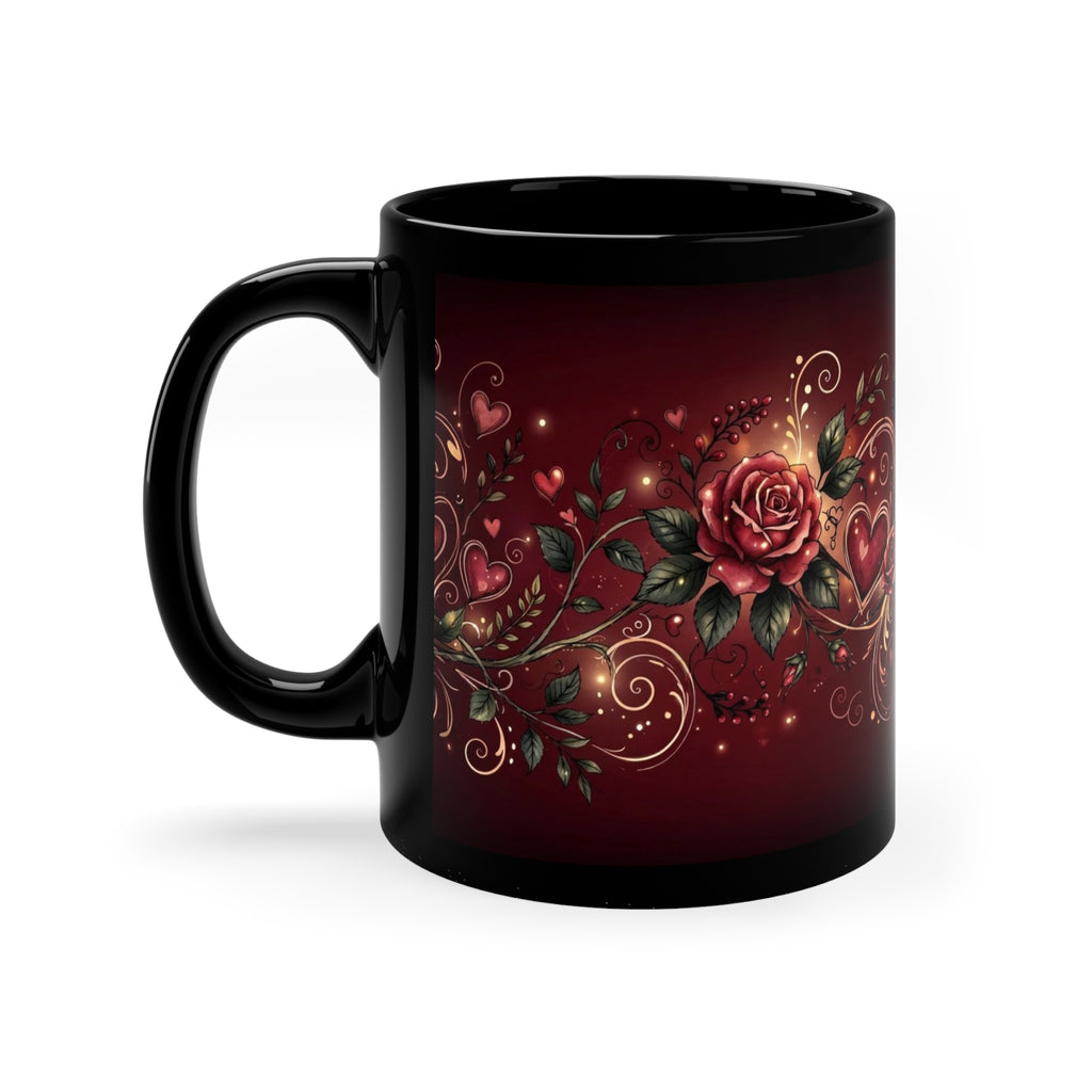 Valentine Hearts Coffee Mug — 11oz Black Ceramic, Roses & Swirls