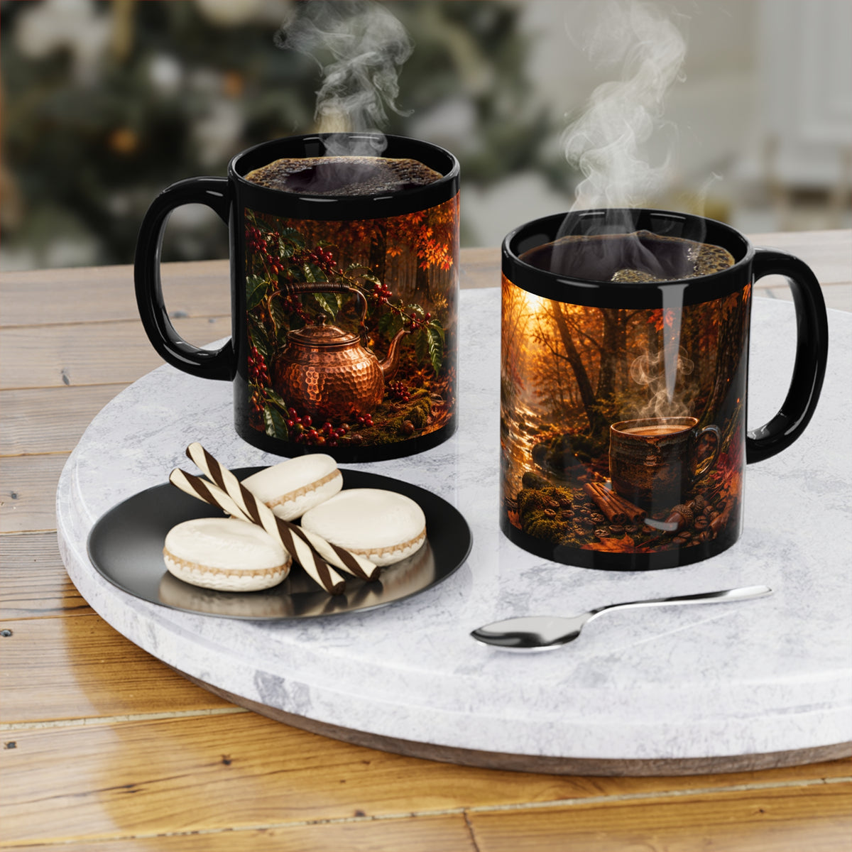Autumn Woodland Stream Black Mug — 11 oz