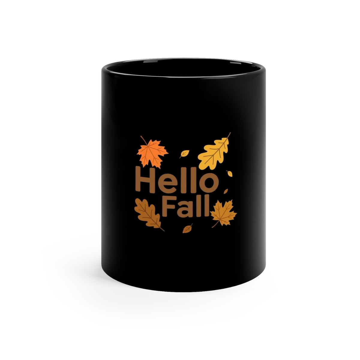 Hello Fall — Autumn Leaves Coffee Mug | Black 11oz Ceramic
