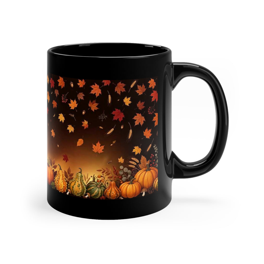 Black 11 oz coffee mug featuring Autumn Harvest pumpkins and fall leaves
