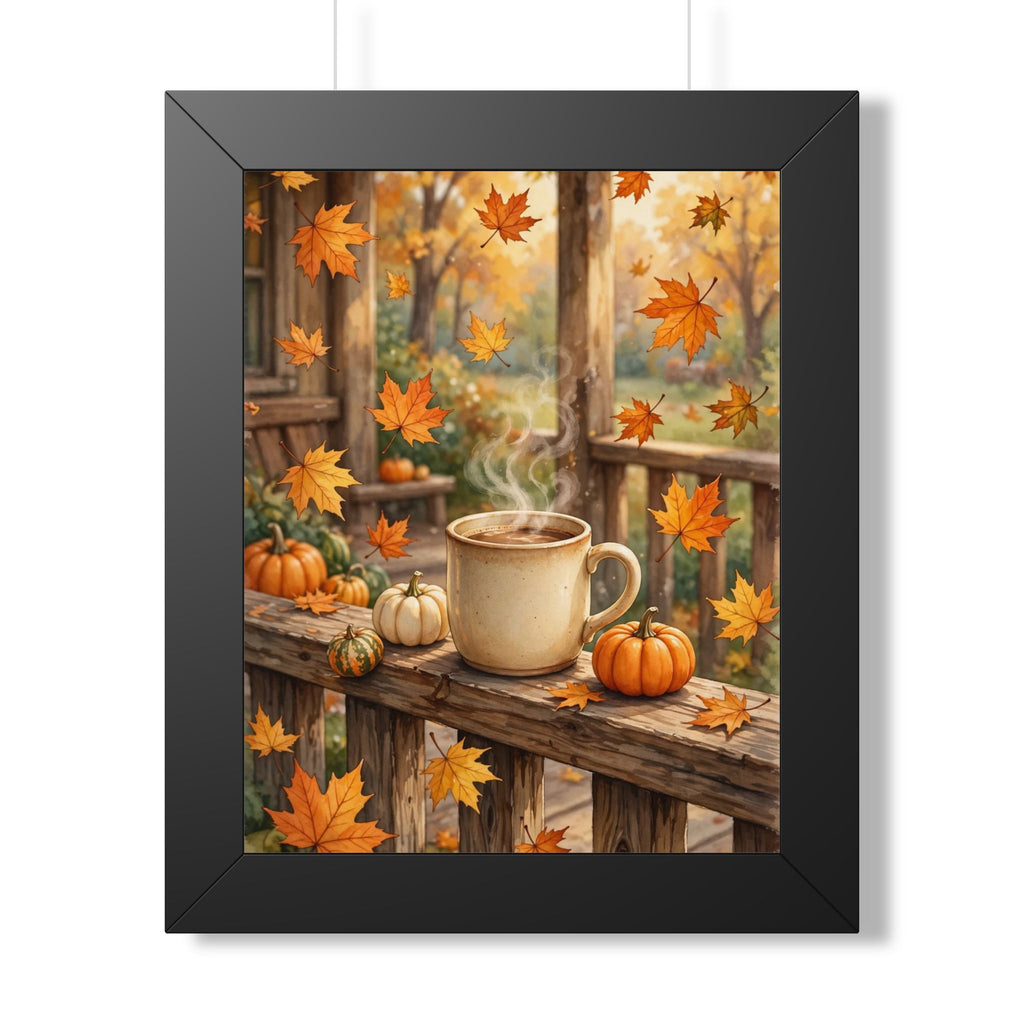 Autumn Porch Coffee — Fall Leaves & Pumpkins, Framed Wall Art