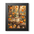 Autumn Porch Coffee — Fall Leaves & Pumpkins, Framed Wall Art