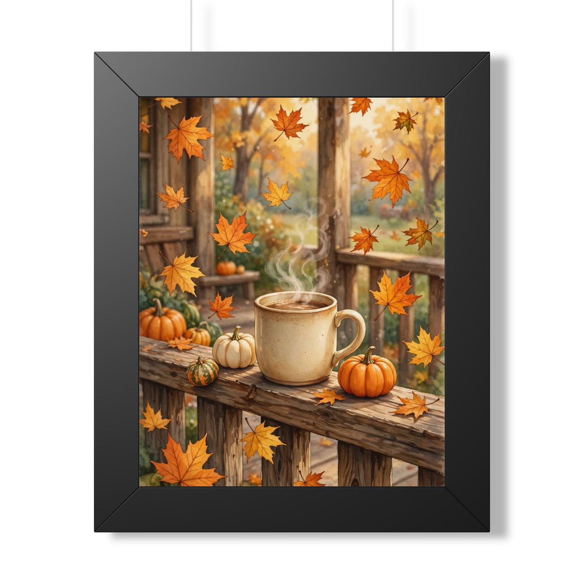Autumn Porch Coffee — Fall Leaves & Pumpkins, Framed Wall Art