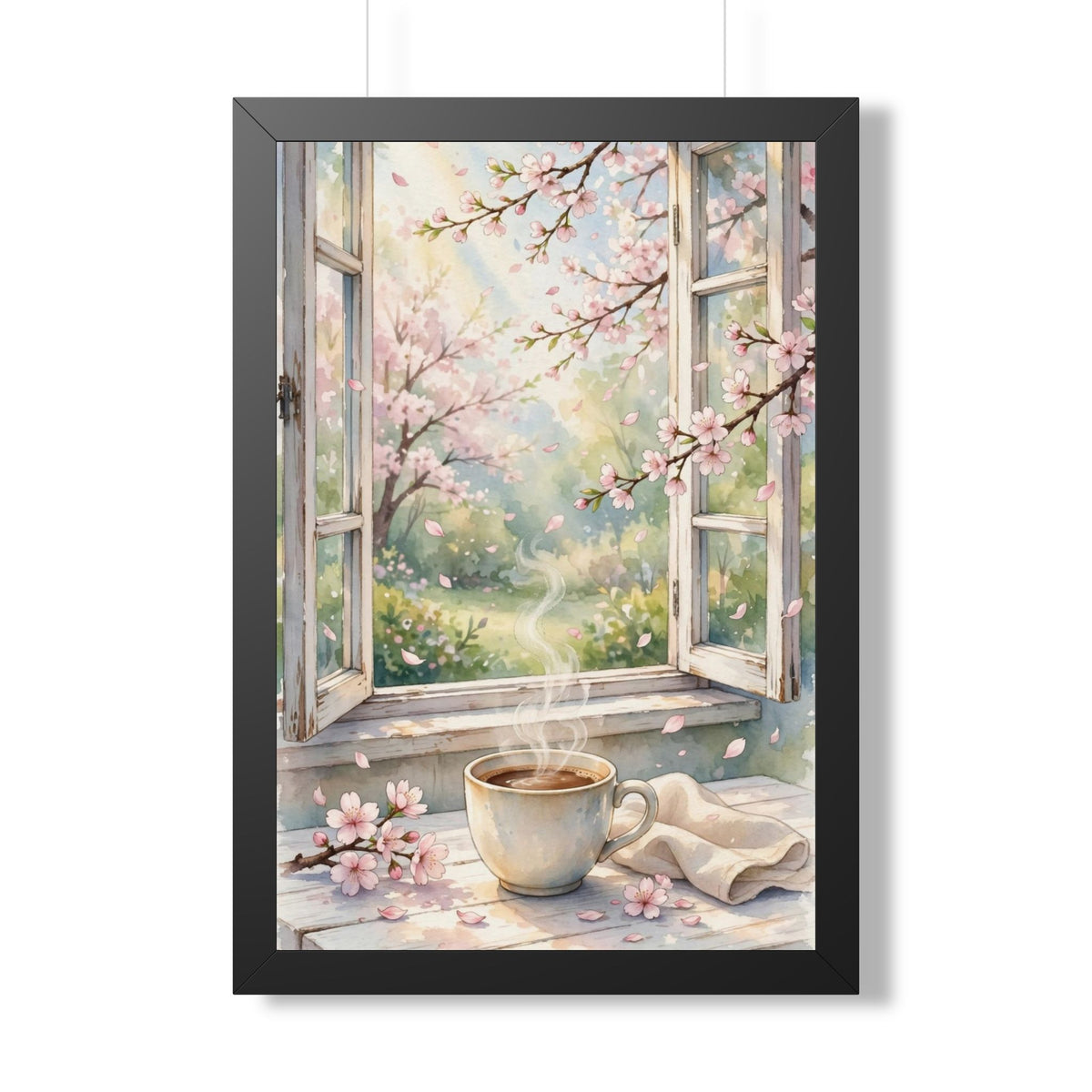 Spring Blossom Morning — Cherry Blossoms & Coffee, Framed Wall Art