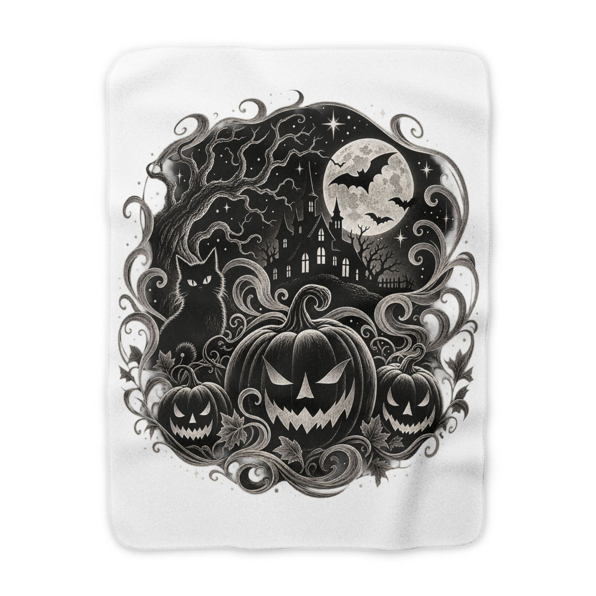 Halloween Sherpa Blanket — Haunted House, Jack-o'-Lanterns & Black Cat Fleece Throw