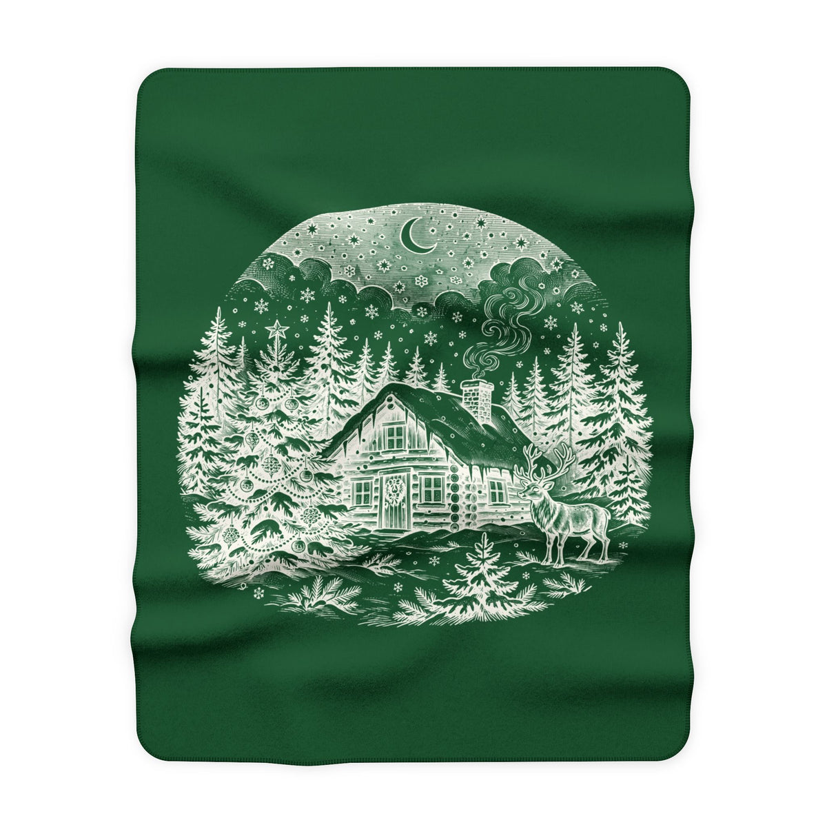 Christmas Sherpa Blanket — Snowy Cabin, Reindeer & Moonlit Pines Fleece Throw
