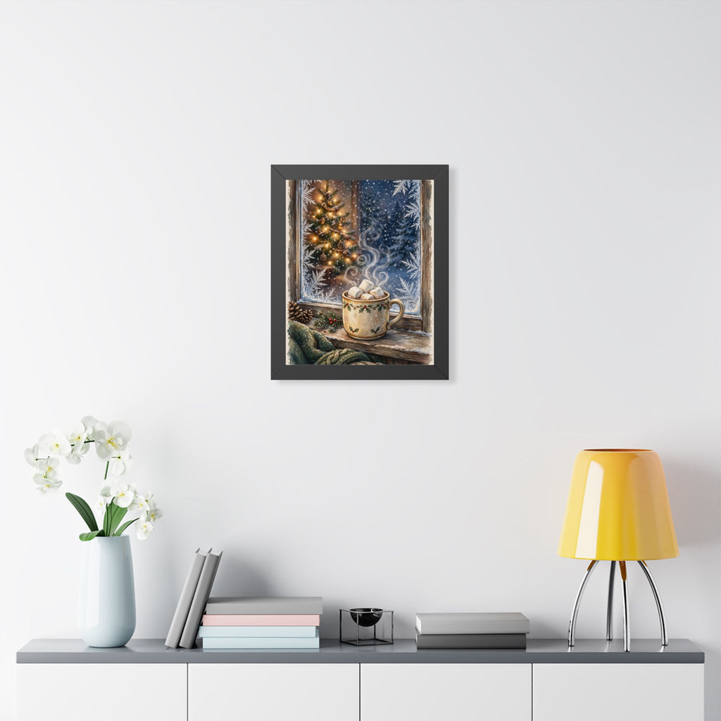 Christmas Cocoa — Snowy Window & Warm Mug, Framed Wall Art