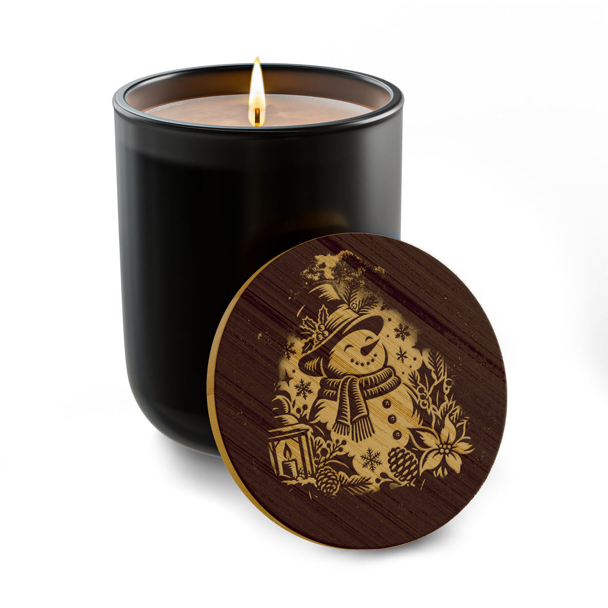 Snowman 14oz soy candle with engraved bamboo lid in Christmas Warmth scent